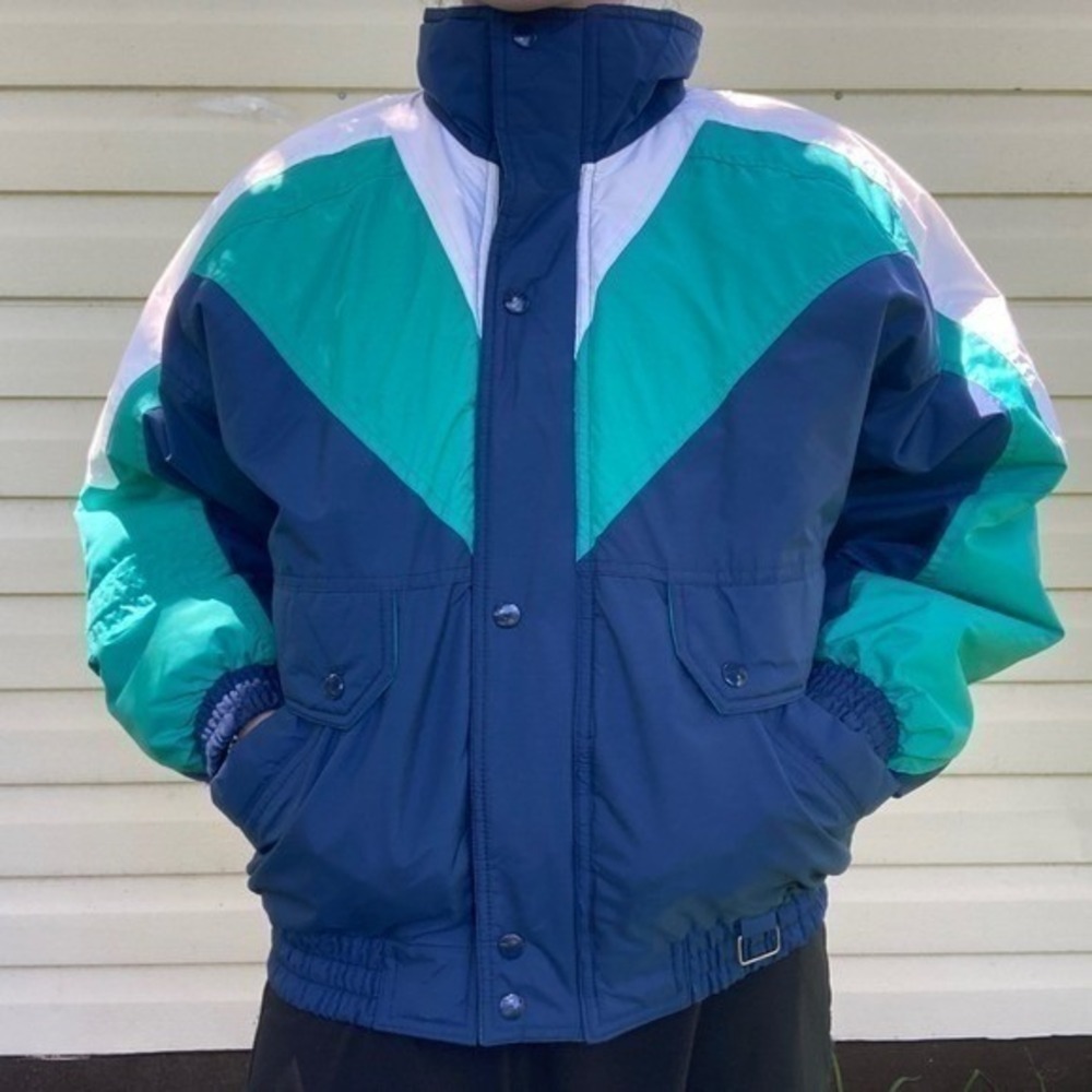 Vtg 80s SKIING SNOWBOARD Bomber JACKET Insulated Hood Blue COAT men women Medium